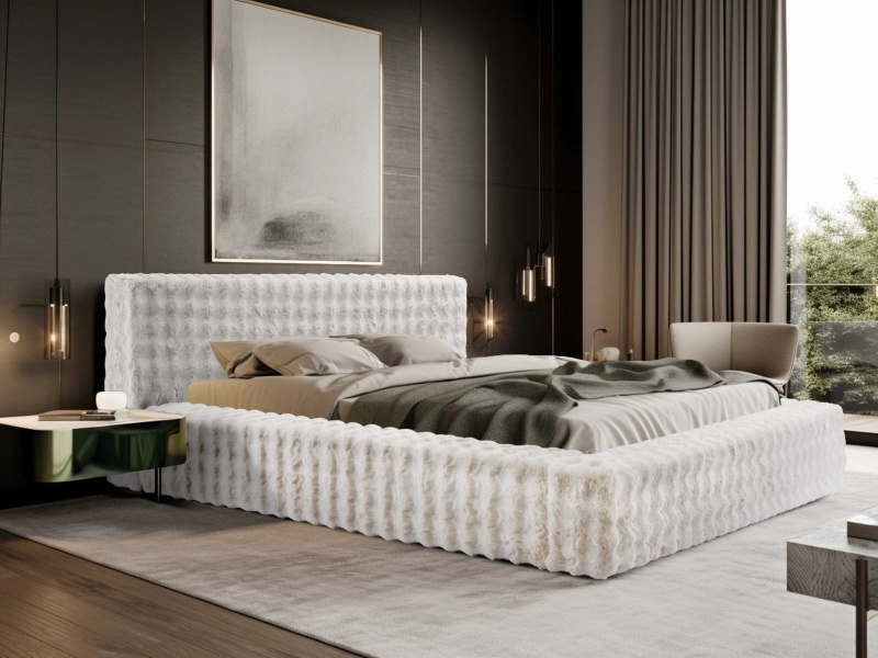 Łóżko tapicerowane 160x200 BUBBLE z pojemnikiem i stelażem beżowe futerko 