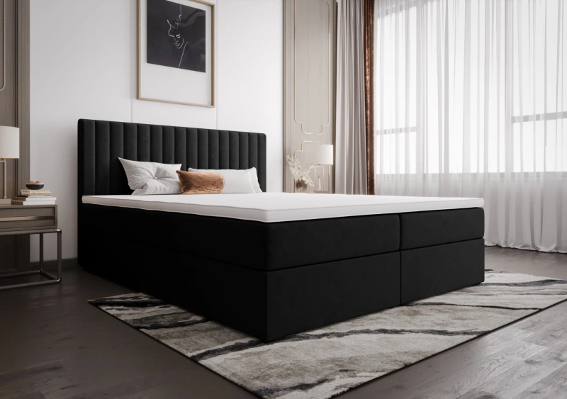 Łóżko kontynentalne 140x200 KIMI czarne z pojemnikiem oraz materacem bonellowym  