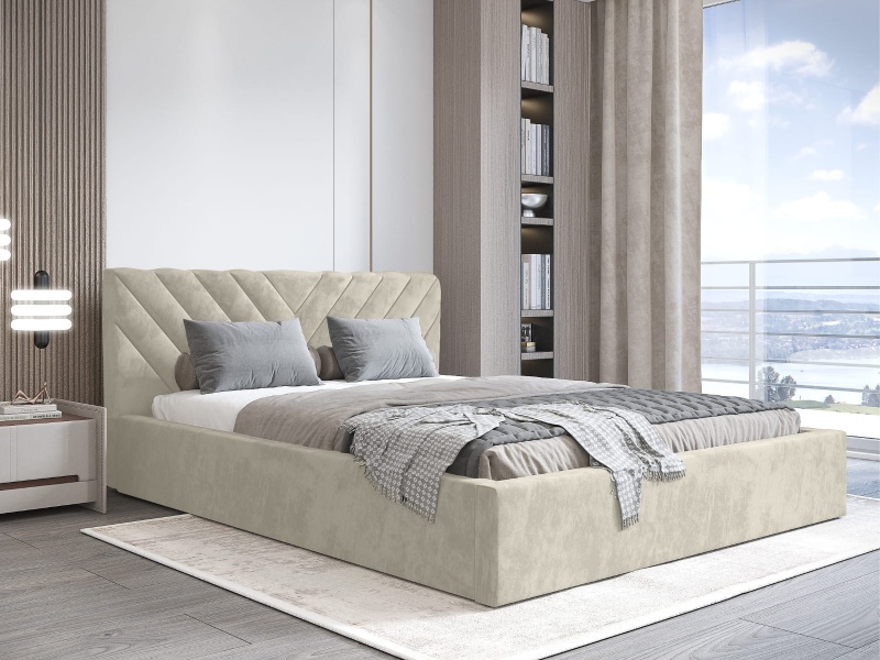Łóżko tapicerowane 180x200 MOLI III z pojemnikiem i stelażem jasnobeżowy szenil  