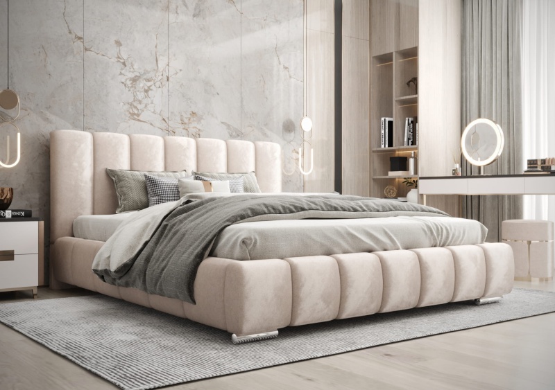 Łóżko tapicerowane 180x200 RUBEL z pojemnikiem i stelażem beżowy welur 