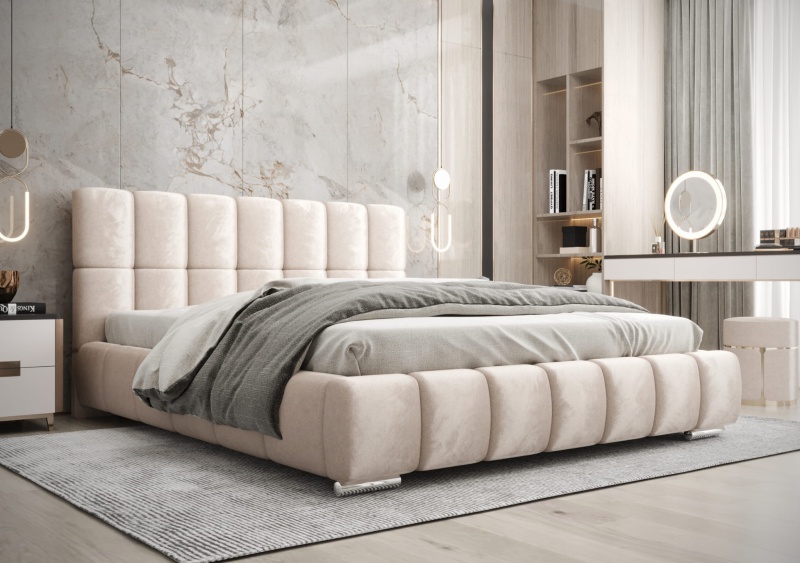 Łóżko tapicerowane 140x200 LUNI z pojemnikiem i stelażem beżowy welur 