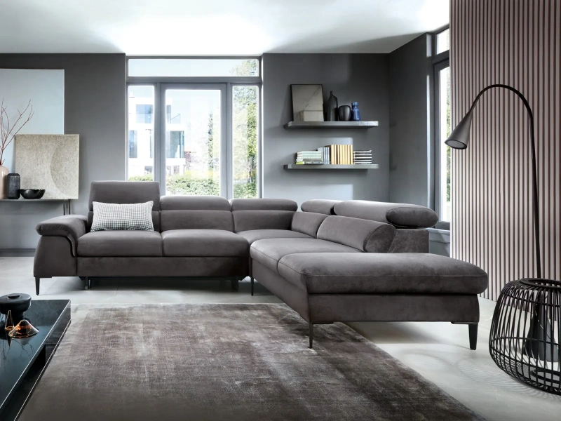 Narożnik L-kształtny 280x214 BELLUNO z regulowanymi zagłówkami i funkcją spania grafitowy welur