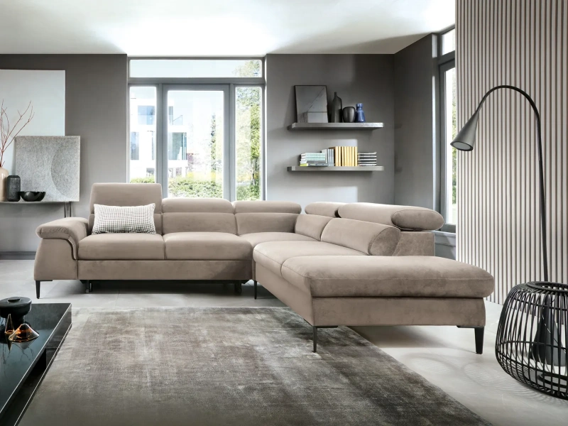 Narożnik L-kształtny 280x214 BELLUNO z regulowanymi zagłówkami i funkcją spania beżowy welur 