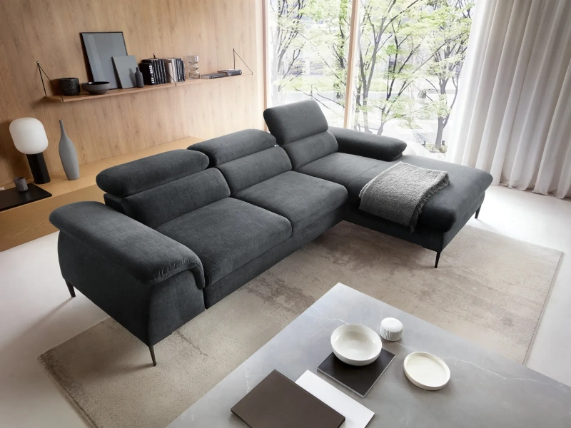 Narożnik L-kształtny 288x182 BELLUNO S z regulowanymi zagłówkami, pojemnikiem i funkcją spania grafitowy welur 