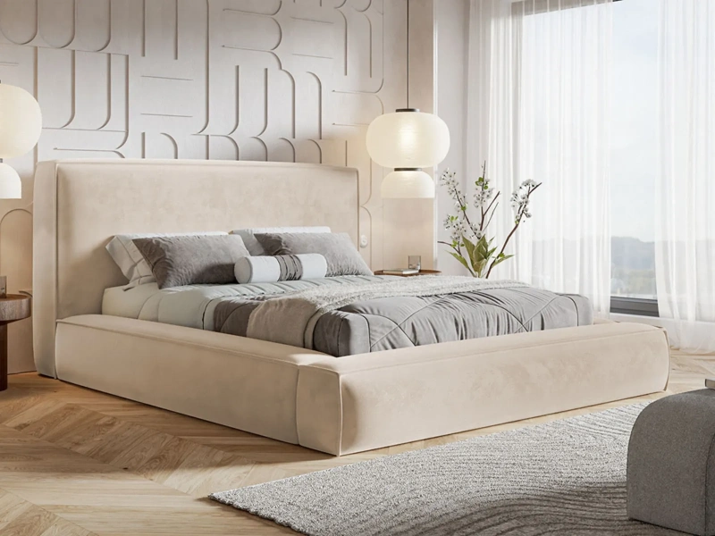 Łóżko tapicerowane 160x200 LOFT z pojemnikiem i stelażem beżowy welur 