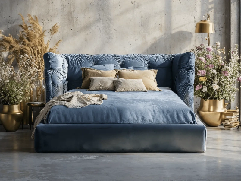 Łóżko tapicerowane 200x200 KARO z metalowym stelażem i pojemnikiem niebieski welur 