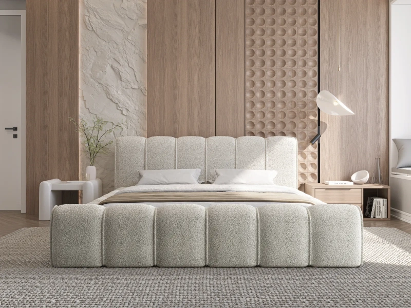 Łóżko tapicerowane 180x200 ALVIERO z pojemnikiem i stelażem beżowe boucle  