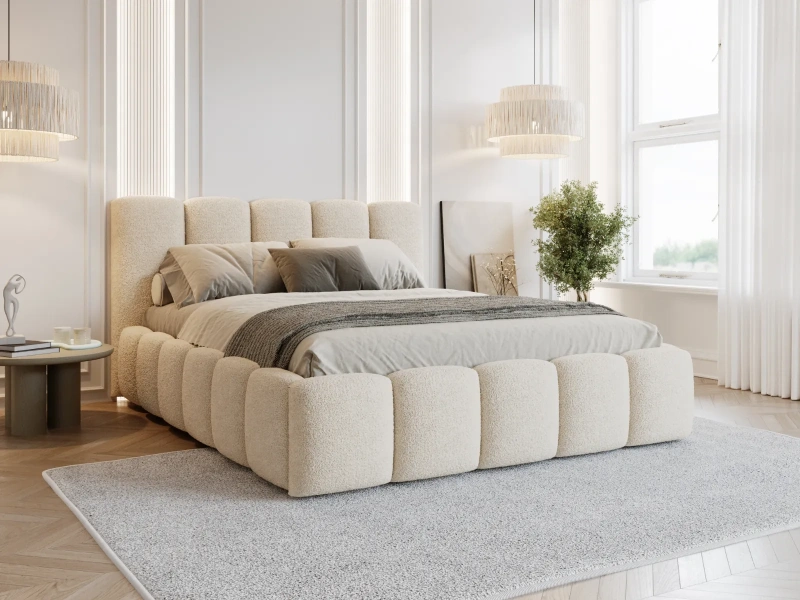 Łóżko tapicerowane 180x200 MELIORA z pojemnikiem i metalowym stelażem beżowe boucle  