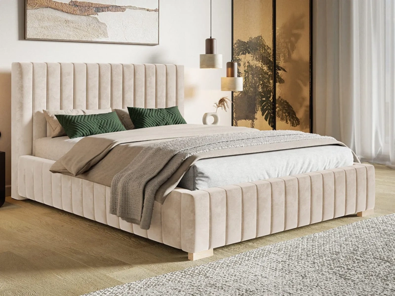 Łóżko tapicerowane 160x200 MONTEA z pojemnikiem i stelażem beżowy welur 