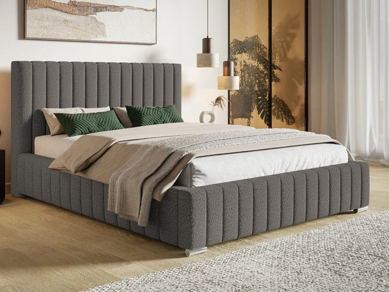 Łóżko tapicerowane 160x200 MONTEA z pojemnikiem i stelażem szare boucle
