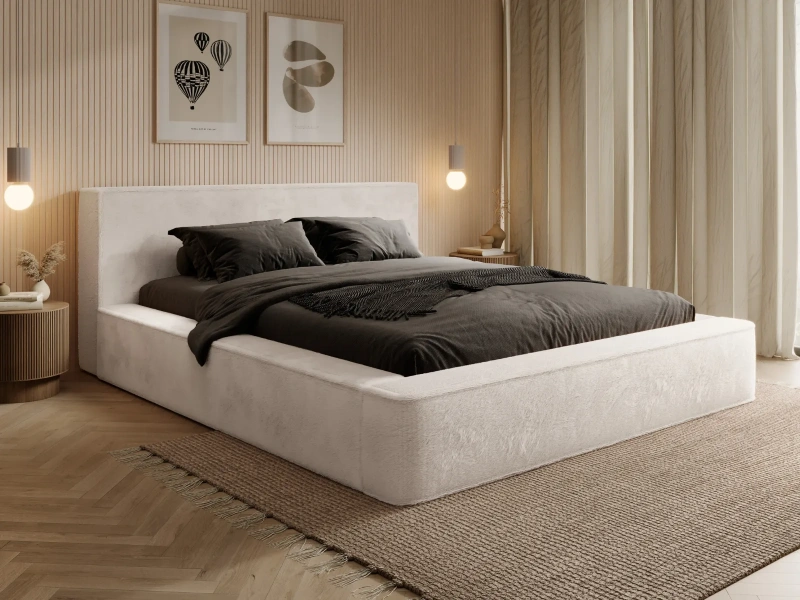 Łóżko tapicerowane 140x200 ZAFFIRO z pojemnikiem i stelażem beżowe futerko
