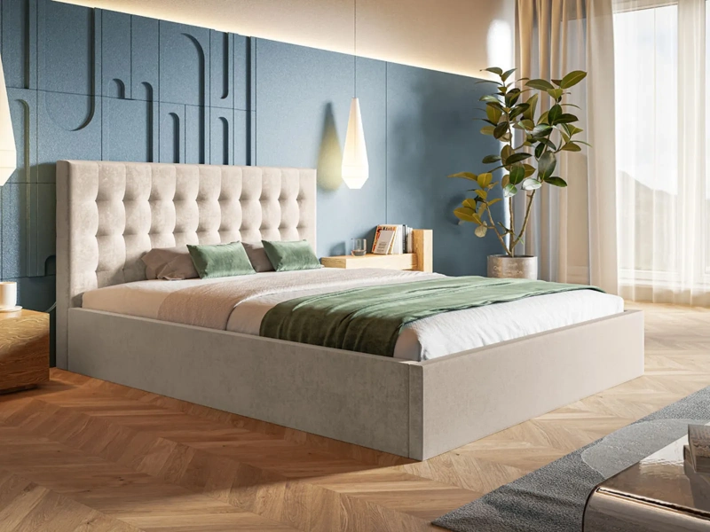 Łóżko tapicerowane 160x200 LUNARIS SLIM z pojemnikiem i stelażem beżowy welur 