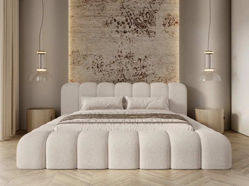 Łóżko tapicerowane 140x200 ISOLIA z pojemnikiem i stelażem beżowe boucle