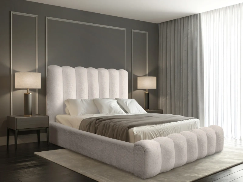 Łóżko tapicerowane 200x200 AIDEN z pojemnikiem i metalowym stelażem beżowy szenil  