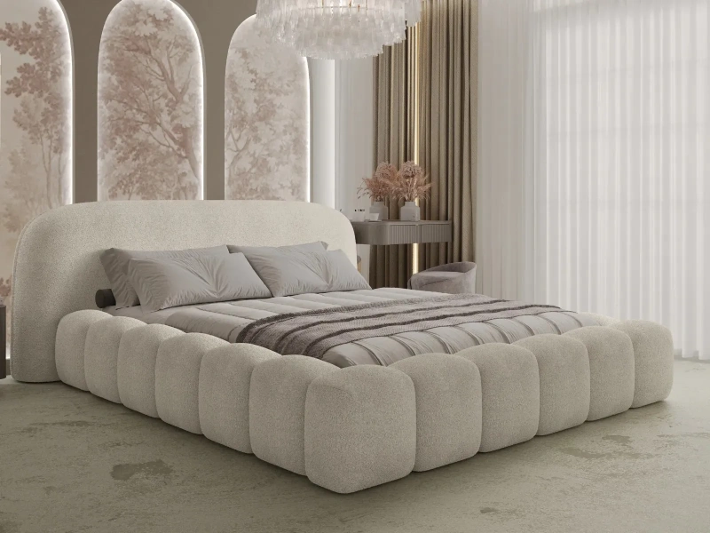 Łóżko tapicerowane 200x200 ELARA z pojemnikiem i metalowym stelażem beżowe boucle 