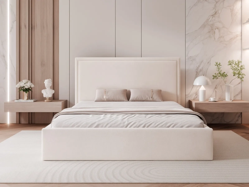 Łóżko tapicerowane 140x200 MELIA z pojemnikiem i stelażem beżowy welur  