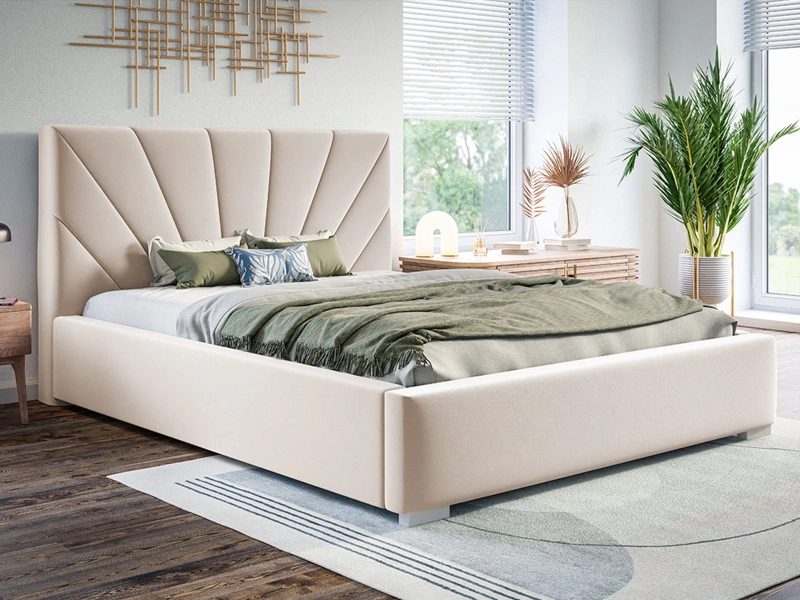 Łóżko tapicerowane 200x200 DIONE z pojemnikiem i metalowym stelażem beżowy welur