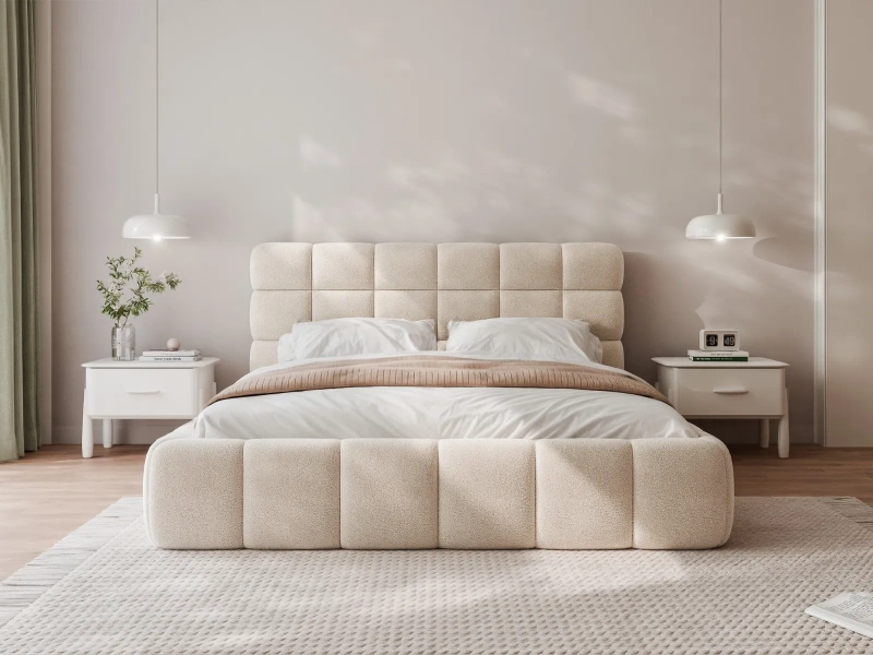 Łóżko tapicerowane 180x200 SONA z pojemnikiem i stelażem beżowe boucle  