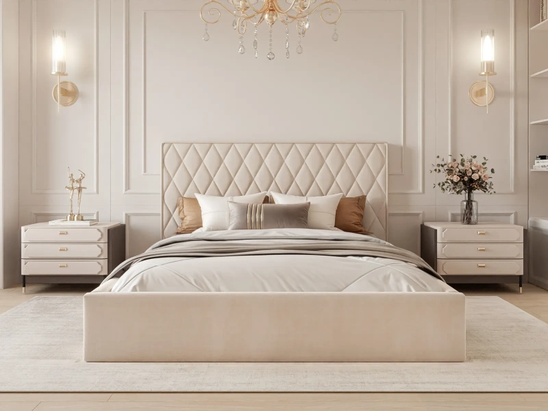 Łóżko tapicerowane 140x200 ISARA z pojemnikiem i stelażem beżowy welur