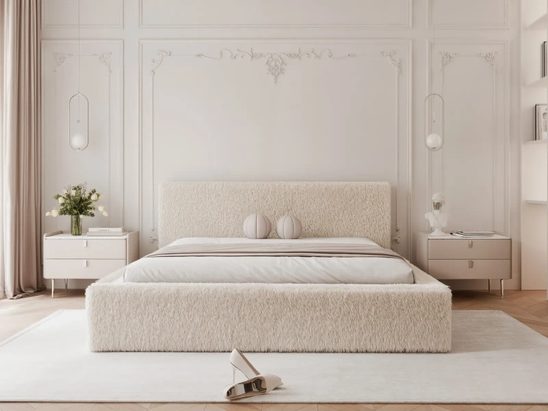 Łóżko tapicerowane 180x200 EURA z pojemnikiem i stelażem beżowe futerko  