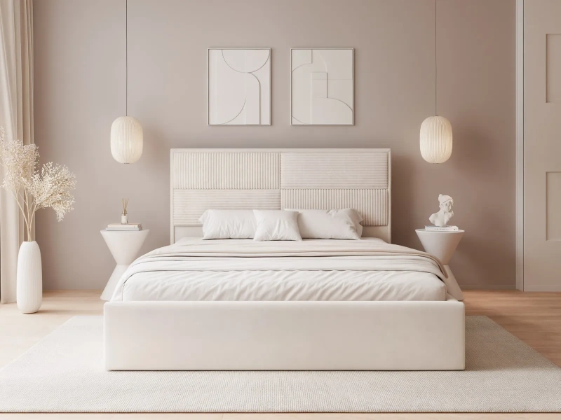 Łóżko tapicerowane 160x200 MIA z pojemnikiem i stelażem beżowy welur 