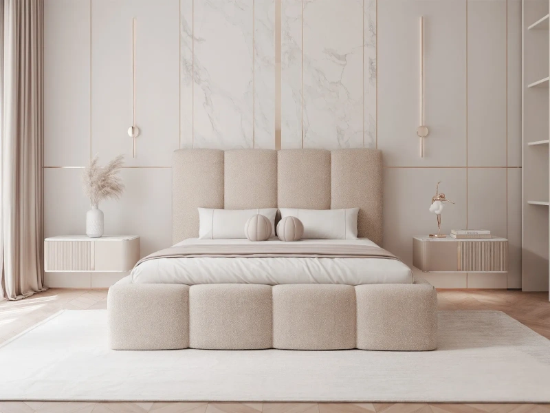 Łóżko tapicerowane 140x200 LENO z pojemnikiem i stelażem beżowy welur  