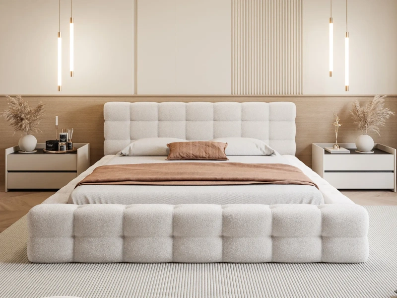 Łóżko tapicerowane 180x200 LARIS z pojemnikiem i stelażem beżowe boucle   