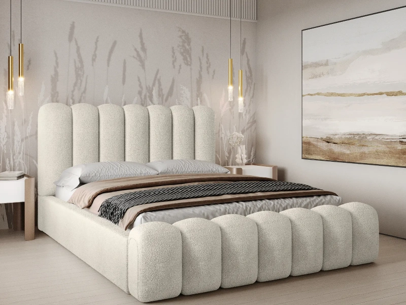 Łóżko tapicerowane 140x200 AIDEN LUX z pojemnikiem i stelażem beżowe boucle  