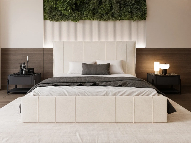 Łóżko tapicerowane 140x200 AURELIA z pojemnikiem i stelażem beżowy welur  