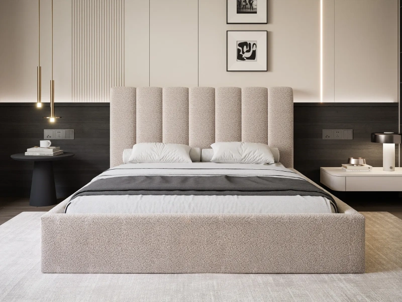 Łóżko tapicerowane 120x200 ARDELA z pojemnikiem i stelażem beżowe boucle