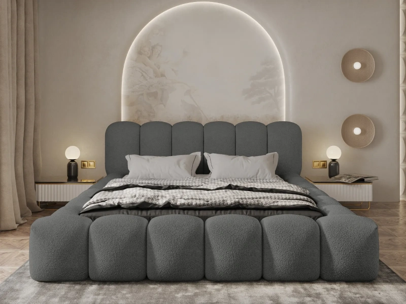 Łóżko tapicerowane 180x200 ROSA ze stelażem i pojemnikiem w tkaninie Quelle boucle szare  