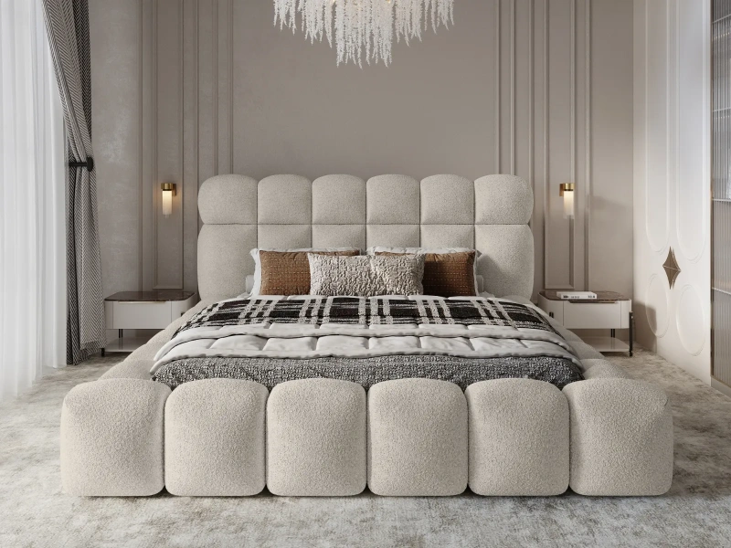 Łóżko tapicerowane 180x200 ODIN z pojemnikiem i stelażem w tkaninie Quelle boucle ecru