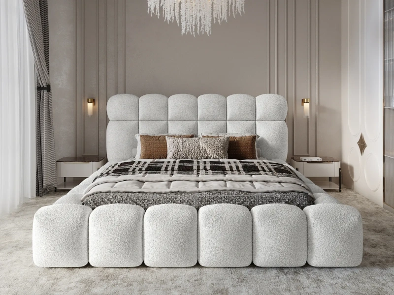 Łóżko tapicerowane 180x200 ODIN z pojemnikiem i stelażem w tkaninie Quelle boucle białe