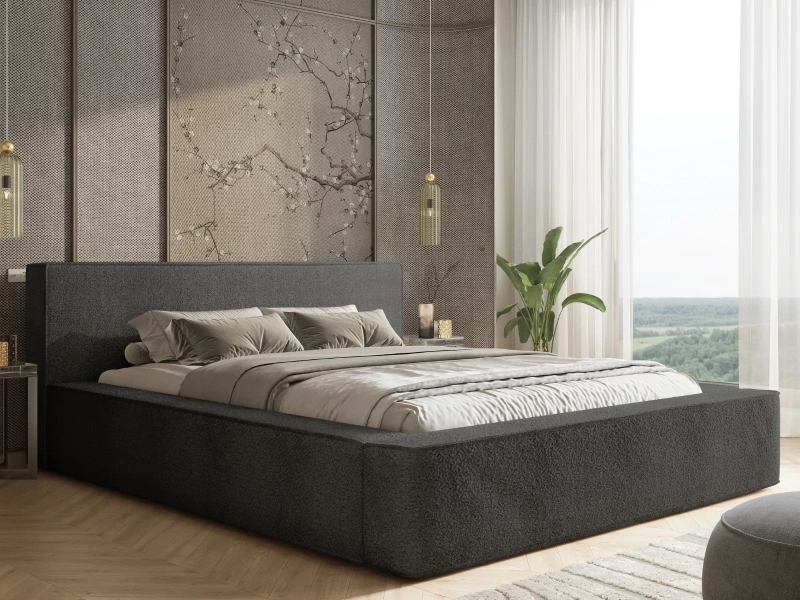Łóżko tapicerowane 200x200 DAISY z pojemnikiem i stelażem w tkaninie Quelle boucle szare 