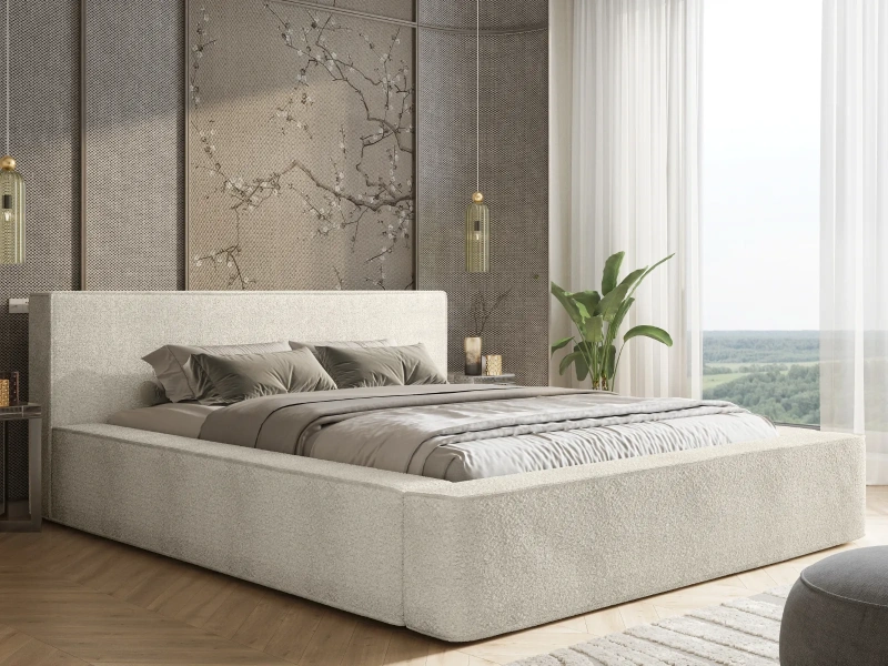 Łóżko tapicerowane 200x200 DAISY z pojemnikiem i stelażem w tkaninie Quelle boucle ecru