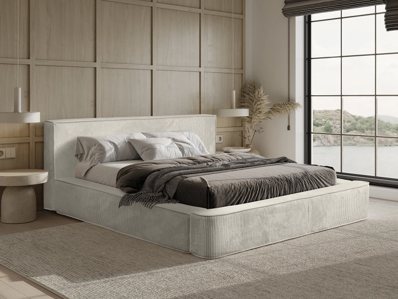 Łóżko tapicerowane 140x200 ADEL z pojemnikiem i stelażem beżowy sztruks