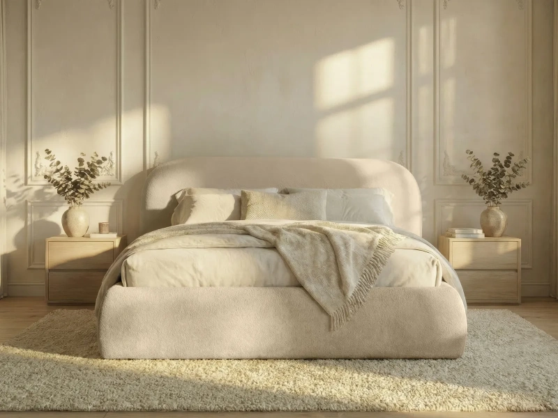 Łóżko tapicerowane 200x200 ROSALBA z pojemnikiem i metalowym stelażem beżowa dzianina