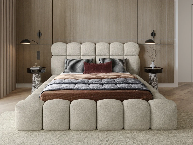Łóżko tapicerowane 160x200 ODIN z pojemnikiem i stelażem beżowe boucle 