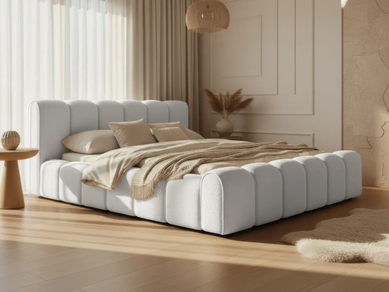 Łóżko tapicerowane 180x200 ALVIERO z pojemnikiem i stelażem w białej tkaninie Quelle 