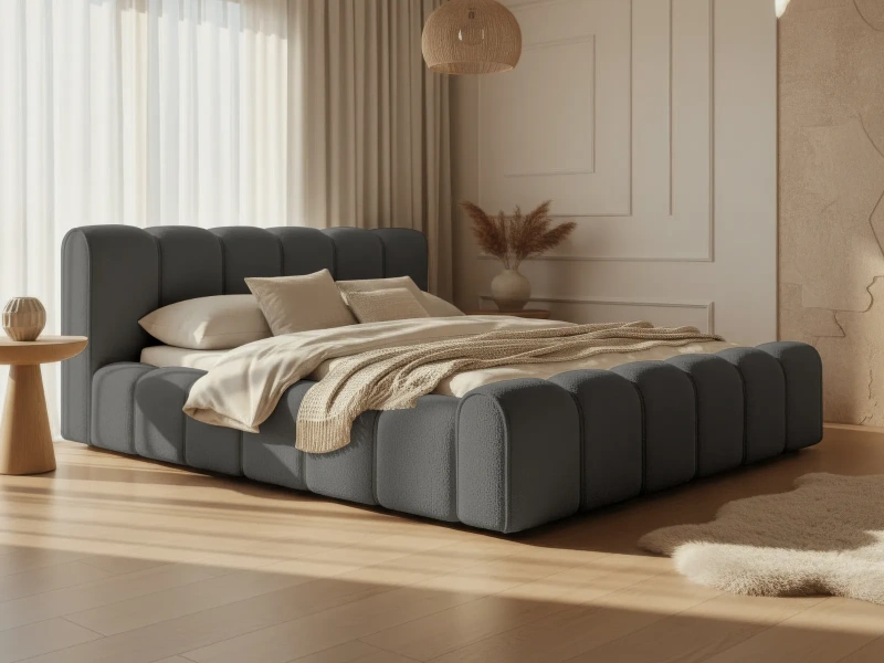 Łóżko tapicerowane 180x200 ALVIERO z pojemnikiem i stelażem w szarej tkaninie Quelle