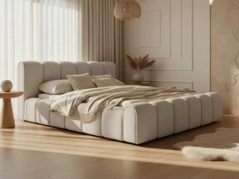 Łóżko tapicerowane 160x200 ALVIERO z pojemnikiem i stelażem w ecru tkaninie Quelle