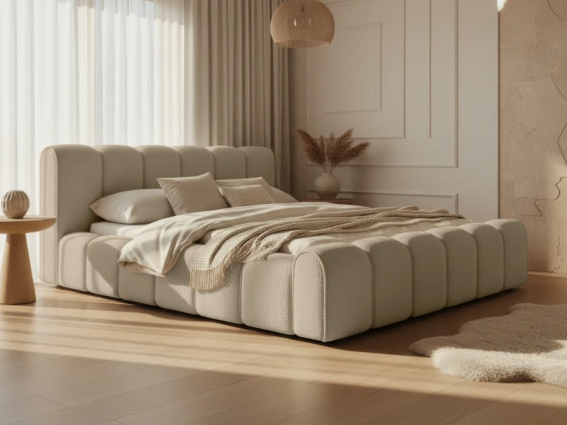 Łóżko tapicerowane 180x200 ALVIERO z pojemnikiem i stelażem w ecru tkaninie Quelle  