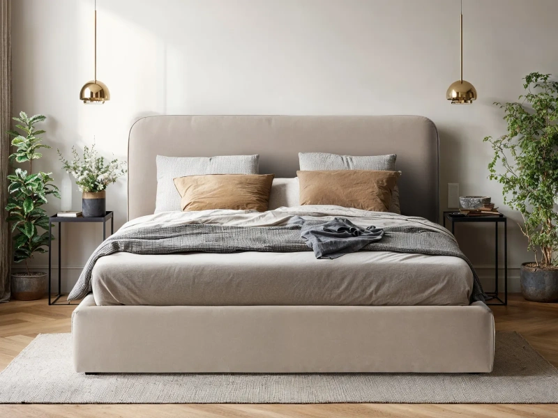 Łóżko tapicerowane 180x200 EIRENE z pojemnikiem i metalowym stelażem beżowy welur 