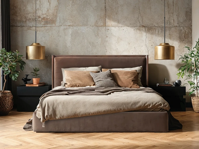 Łóżko tapicerowane 140x200 RESTINO z pojemnikiem i metalowym stelażem brązowy welur 