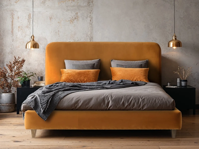 Łóżko tapicerowane 140x200 DORIA ze stelażem na drewnianych nogach pomarańczowy welur 