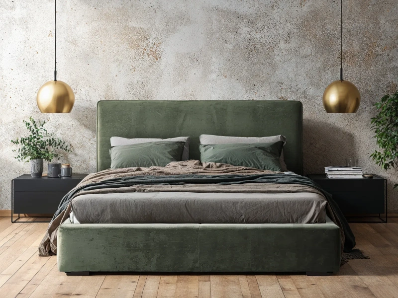 Łóżko tapicerowane 180x200 LIORO z pojemnikiem i metalowym stelażem zielony welur   
