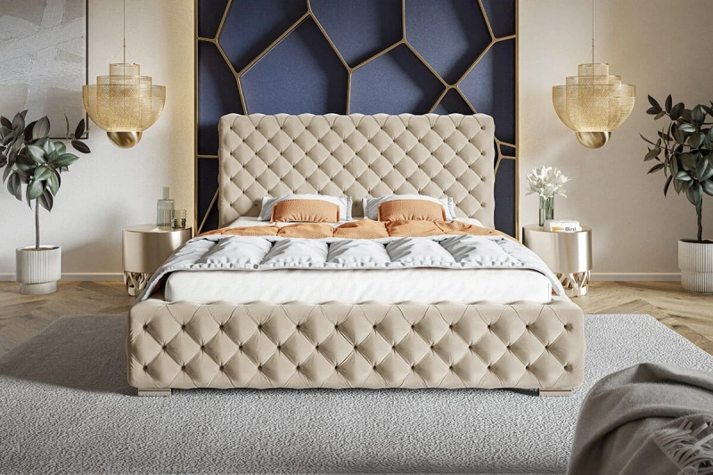 Łóżko tapicerowane 140x200 FRANK z pojemnikiem i metalowym stelażem beżowy welur dostępne od ręki