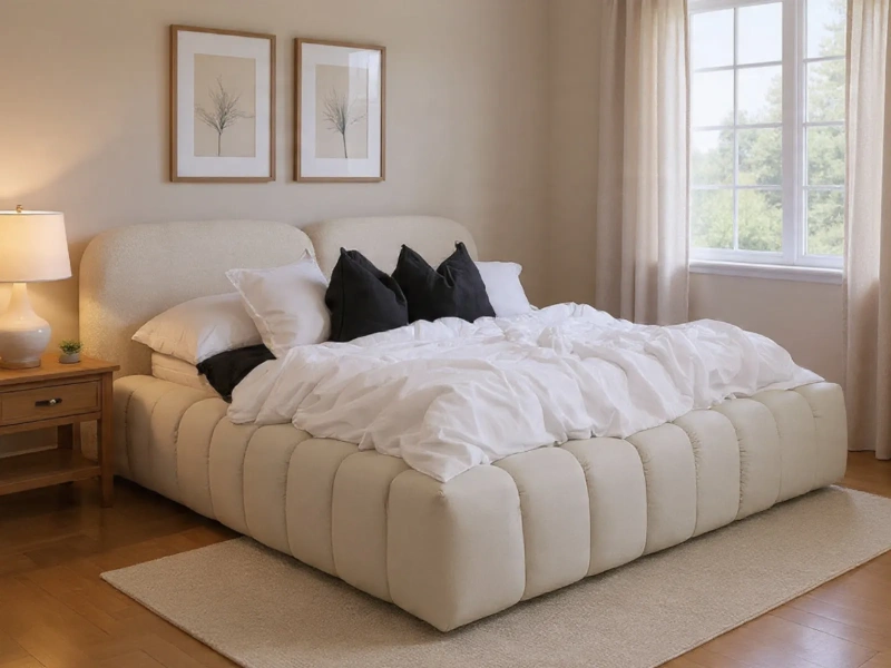 Łóżko tapicerowane 200x200 PETUNIA z pojemnikiem i metalowym stelażem beżowy welur