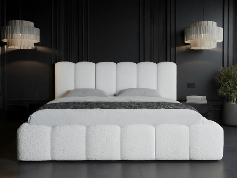 Łóżko tapicerowane 180x200 LAGO z pojemnikiem i metalowym stelażem białe boucle 