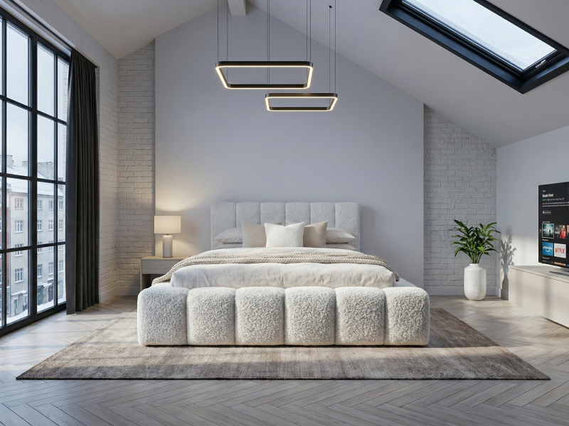 Łóżko tapicerowane 180x200 FLOW z pojemnikiem i metalowym stelażem beżowa tkanina boucle  